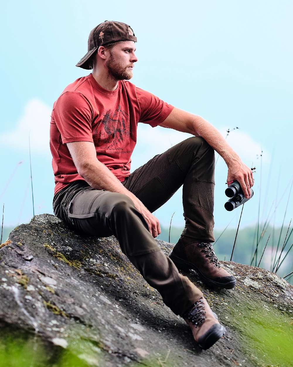 Suede Brown Dark Olive Coloured Pinewood Mens Caribou Hunting Trousers on outdoor background