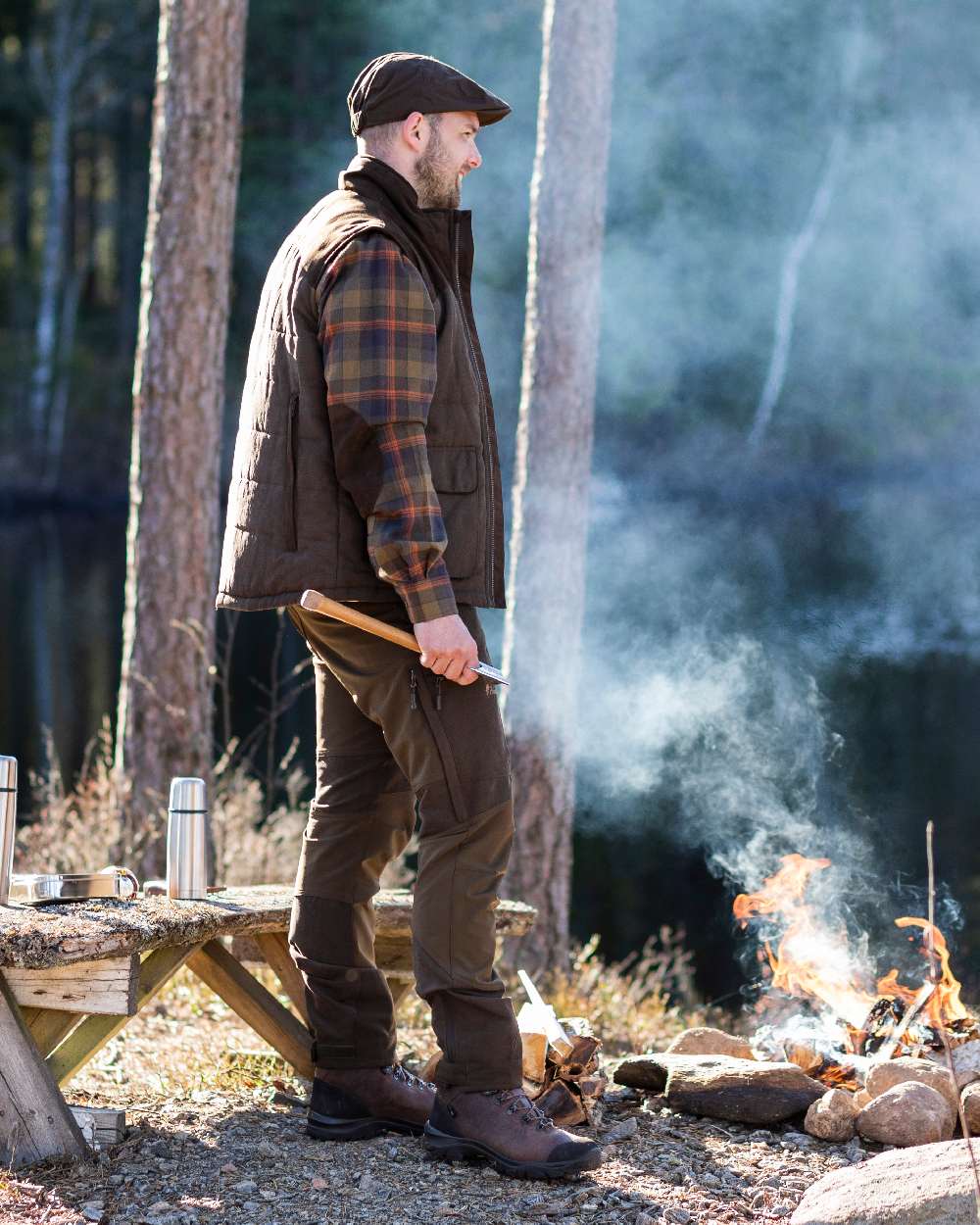 Suede Brown Dark Olive Coloured Pinewood Mens Caribou Hunting Trousers on outdoor background