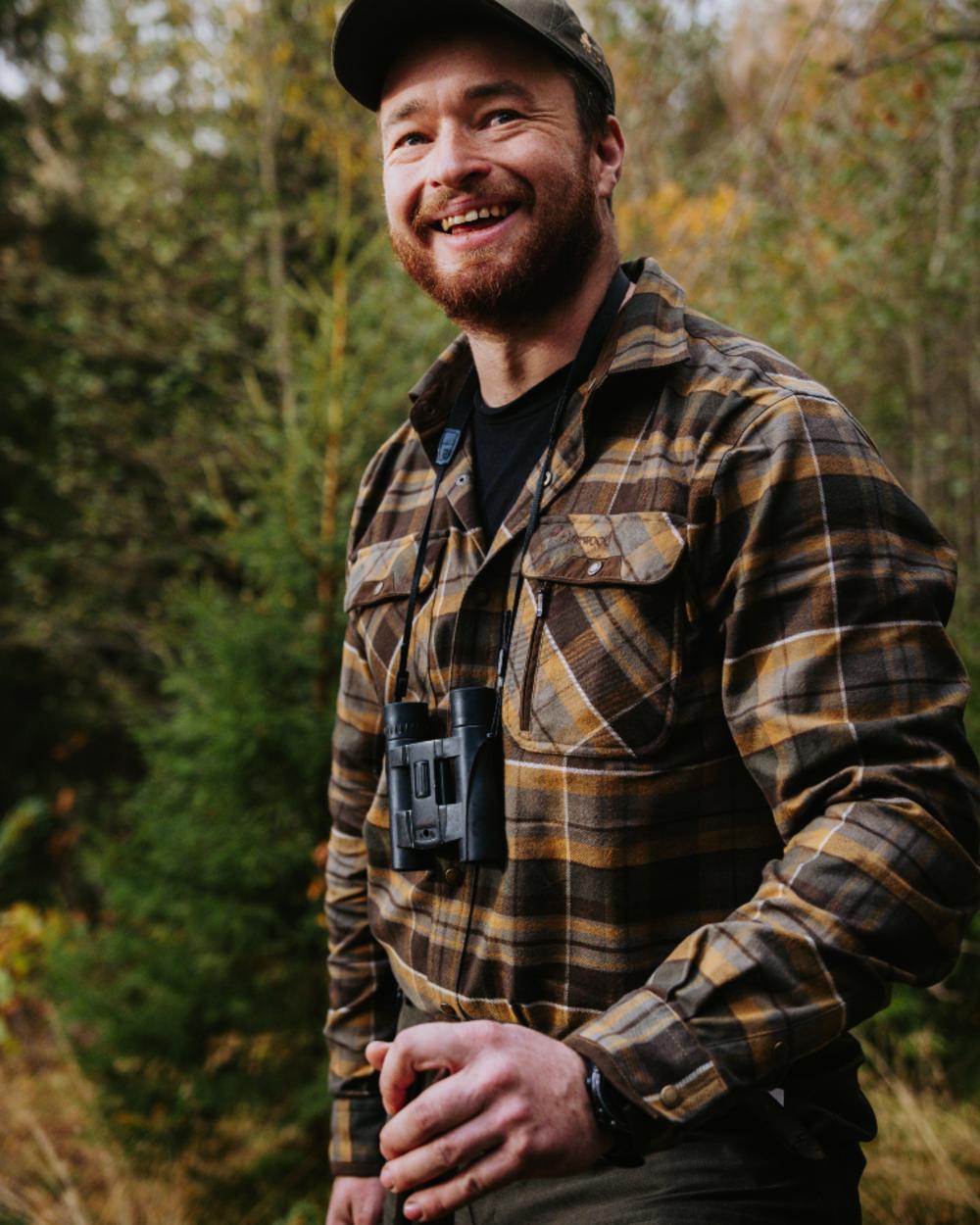 Moss Green Light Khaki coloured Pinewood Mens Cornwall Flannel Shirt on forest background