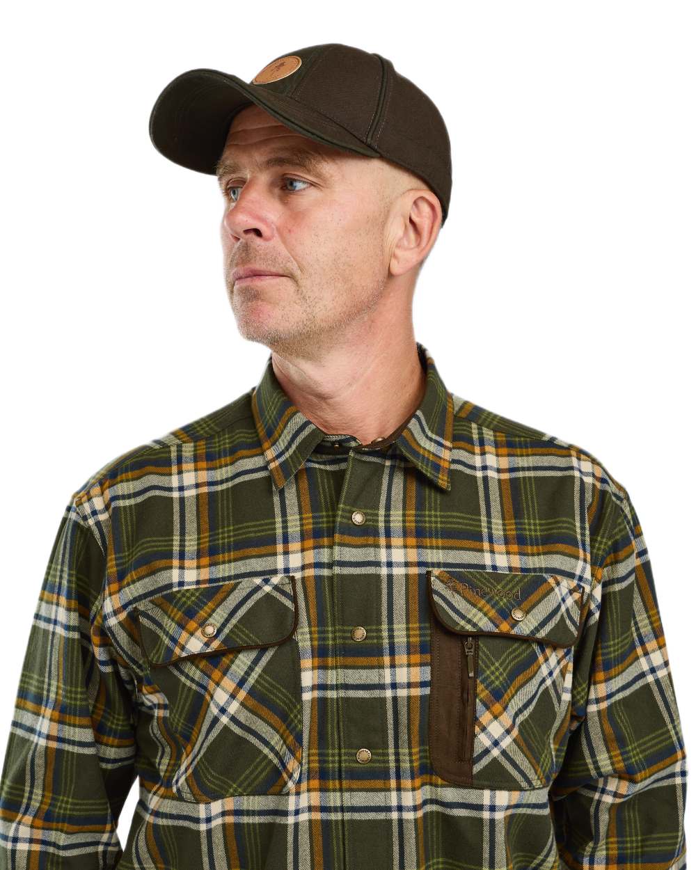 Moss Green Light Khaki coloured Pinewood Mens Cornwall Flannel Shirt on white background