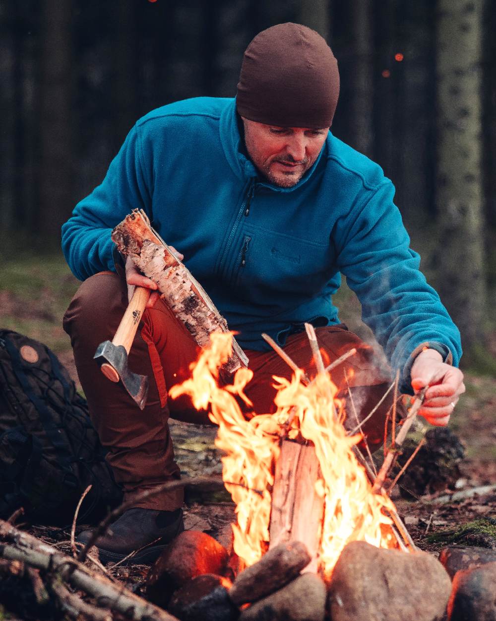 Dark Azur Blue Pinewood Mens Finnveden Fleece Jacket on outdoor background