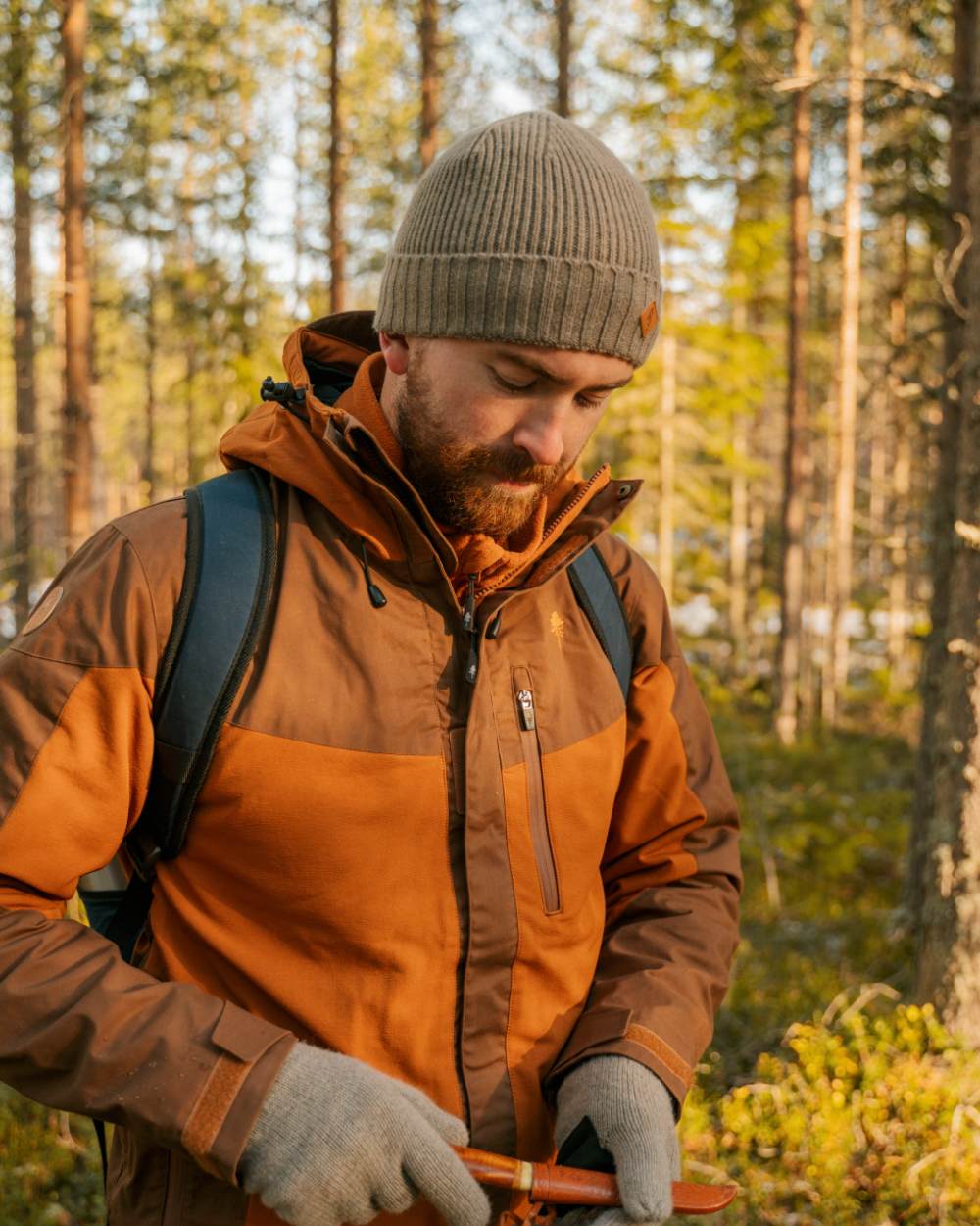 Fudge Nougat Coloured Pinewood Mens Finnveden Hybrid Extreme Jacket on forest background