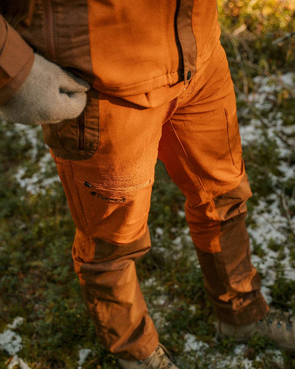 Fudge Nougat Coloured Pinewood Mens Finnveden Hybrid Extreme Trousers on forest background