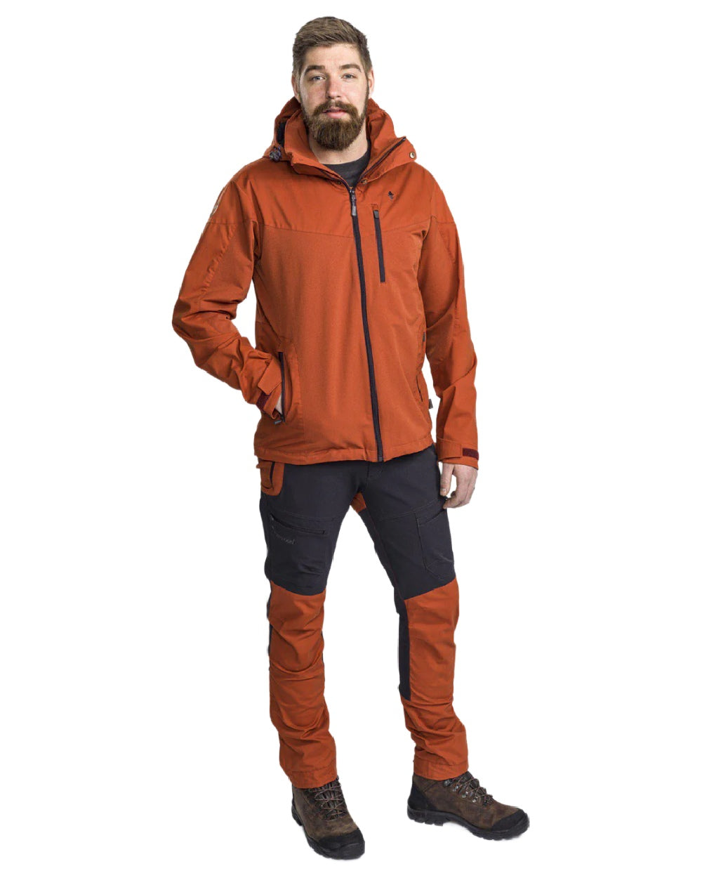 Terracotta coloured Pinewood Mens Finnveden Hybrid Jacket on white background