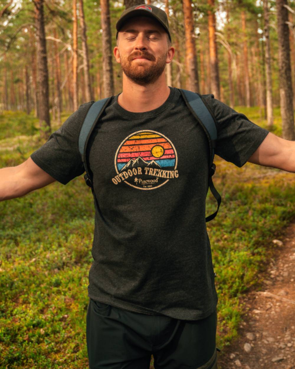Dark Anthracite Melange coloured Pinewood Mens Finnveden Recycled T-Shirt on forest background