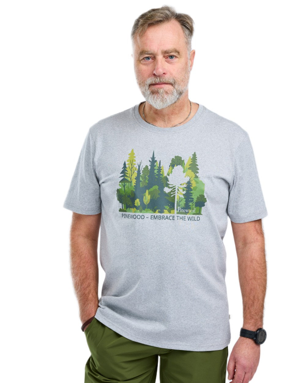 Light Grey Melange Forest coloured Pinewood Mens Finnveden Recycled T-Shirt on white background