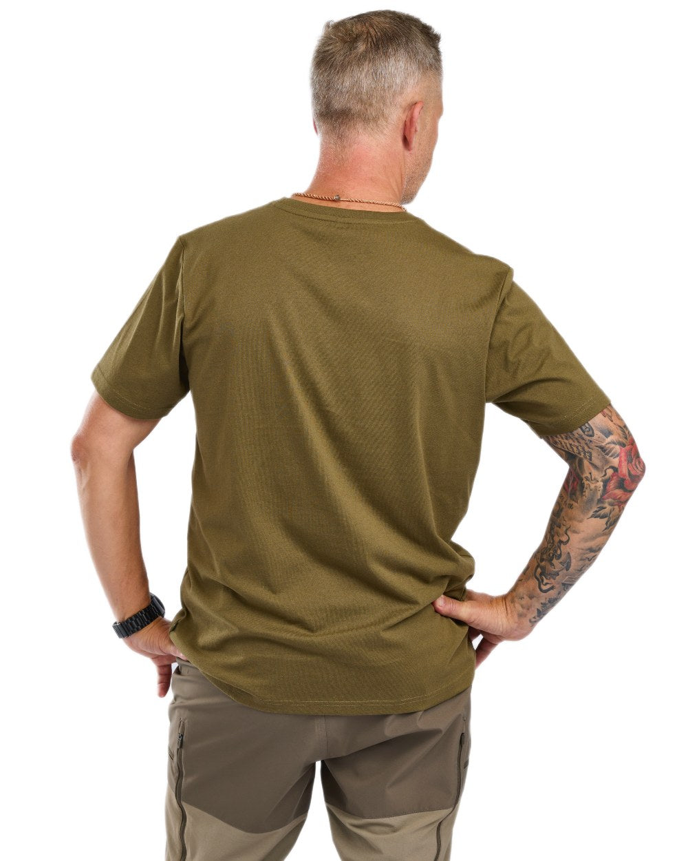 Olive Melange Campsite coloured Pinewood Mens Finnveden Recycled T-Shirt on white background