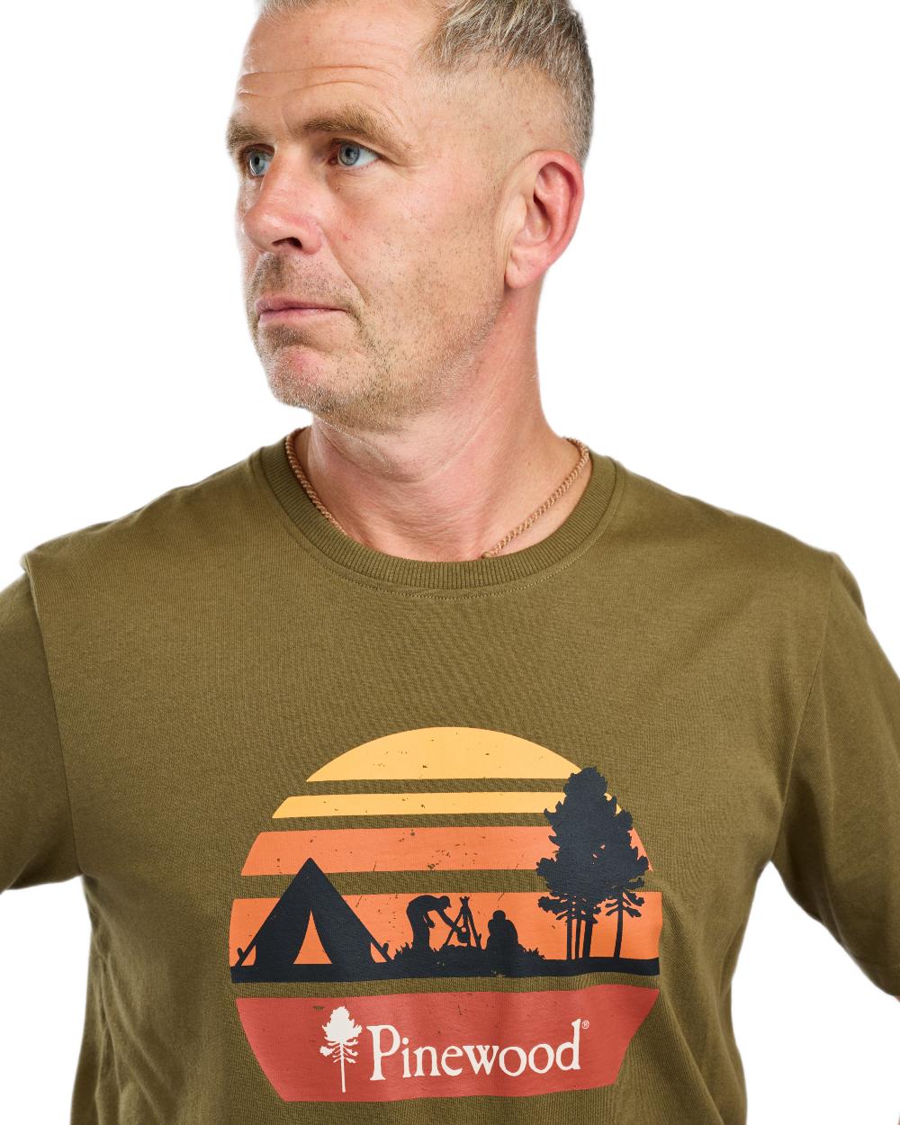 Olive Melange Campsite coloured Pinewood Mens Finnveden Recycled T-Shirt on white background