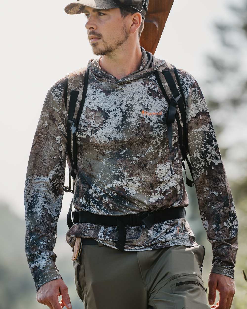 Strata coloured Pinewood Mens Furudal Camou InsectSafe Hoodie on forest background