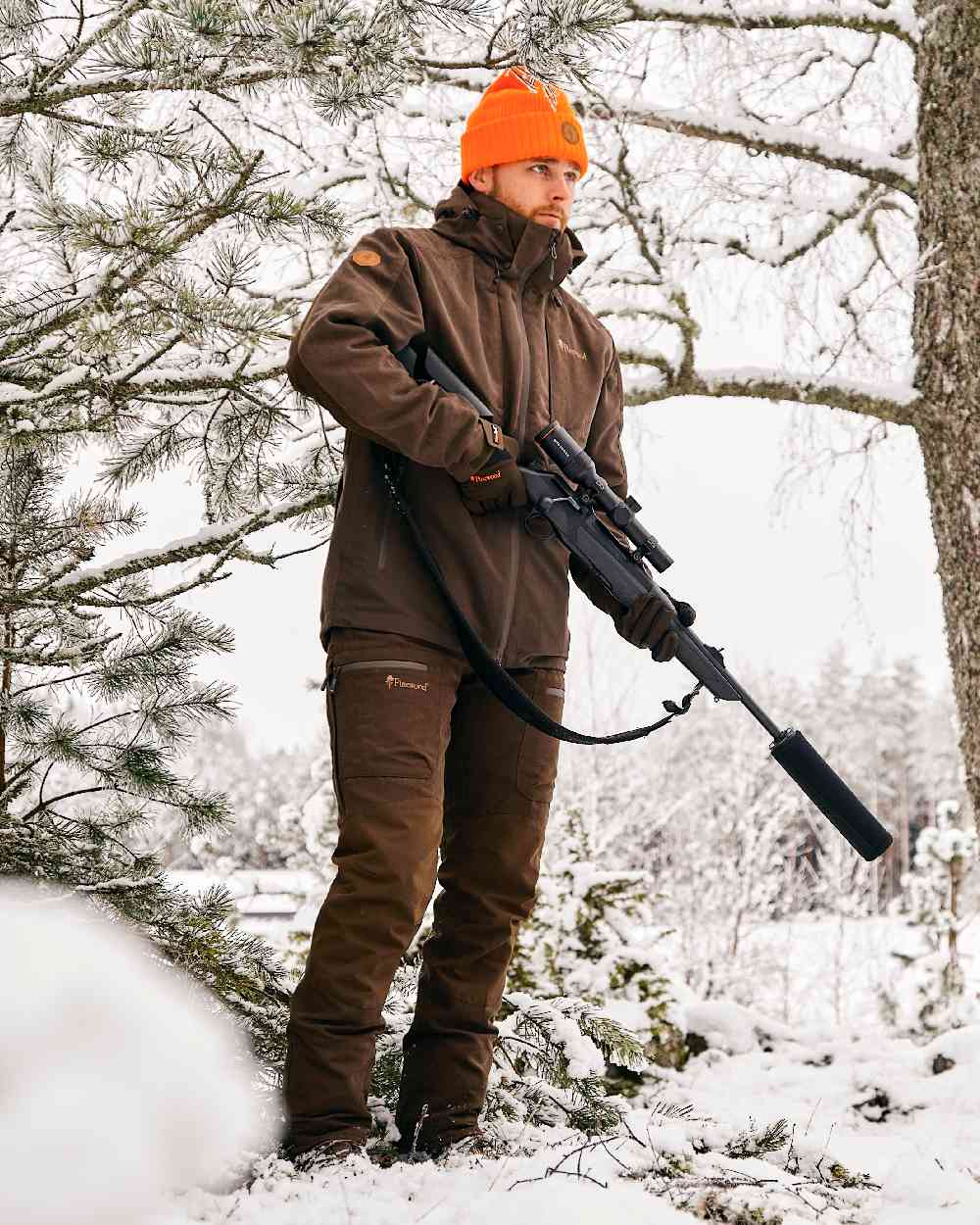 Suede Brown Dark Olive Coloured Pinewood Mens Furudal Caribou Hunt Extreme Jacket on snow background