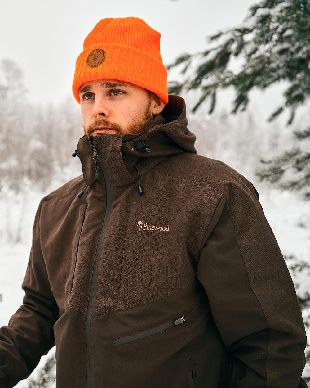 Suede Brown Dark Olive Coloured Pinewood Mens Furudal Caribou Hunt Extreme Jacket on snow background