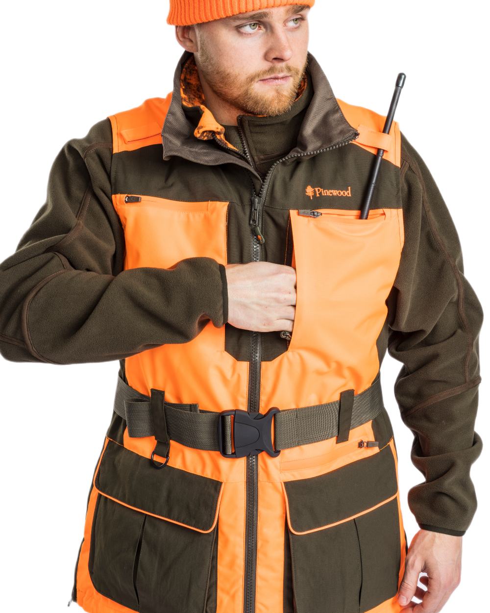 Orange Moss Green coloured Pinewood Mens Furudal Dog Handler Vest on white background