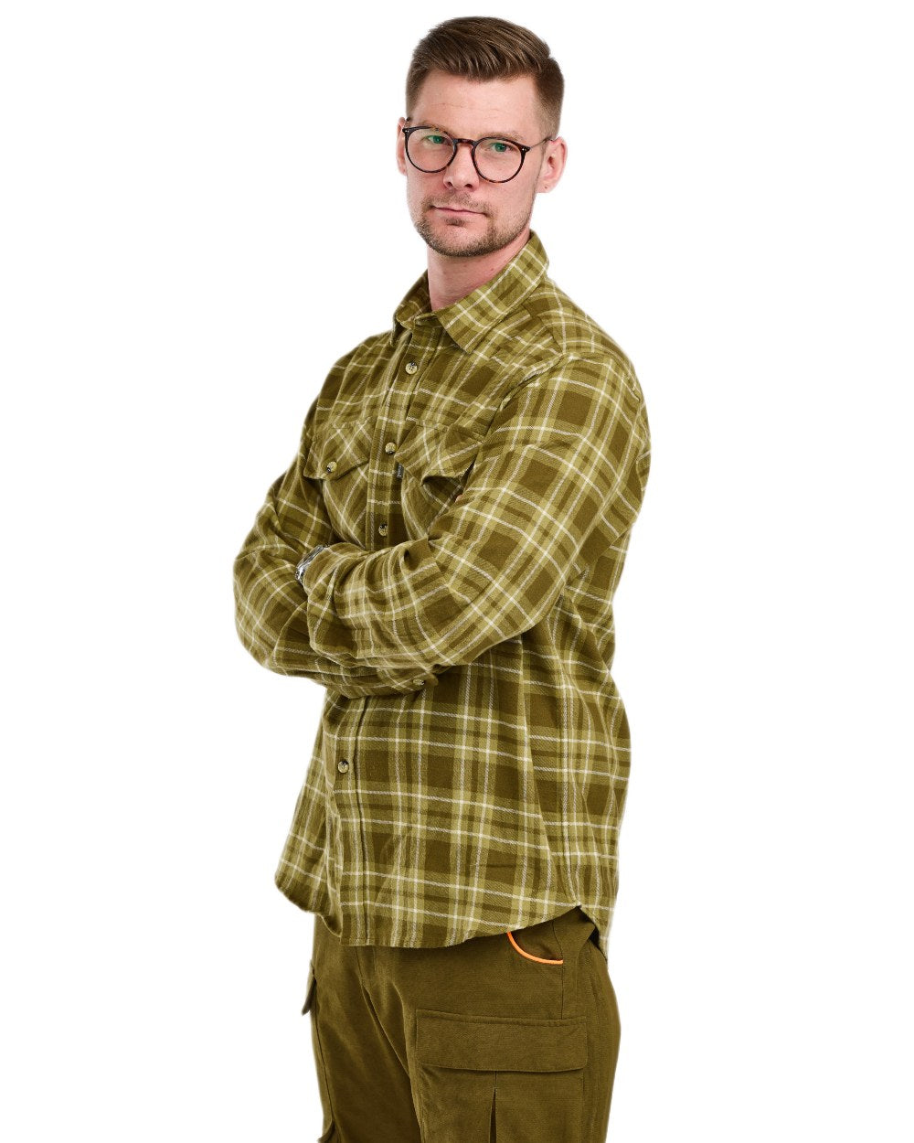 Olive Green coloured Pinewood Mens Harjedalen Shirt on white background