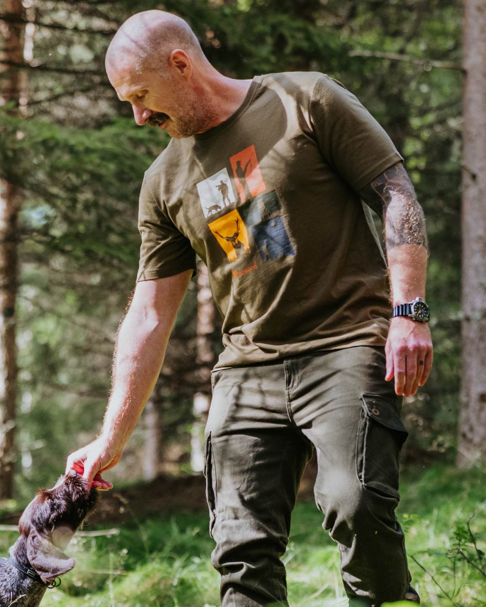 Olive Melange coloured Pinewood Mens Hunting T-Shirt on forest background