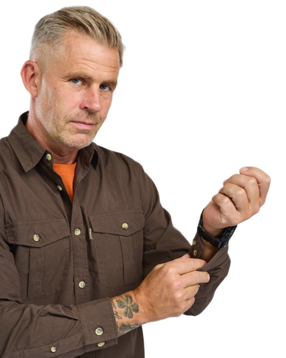Dark Olive coloured Pinewood Mens InsectSafe Poplin Long Sleeve Shirt on white background