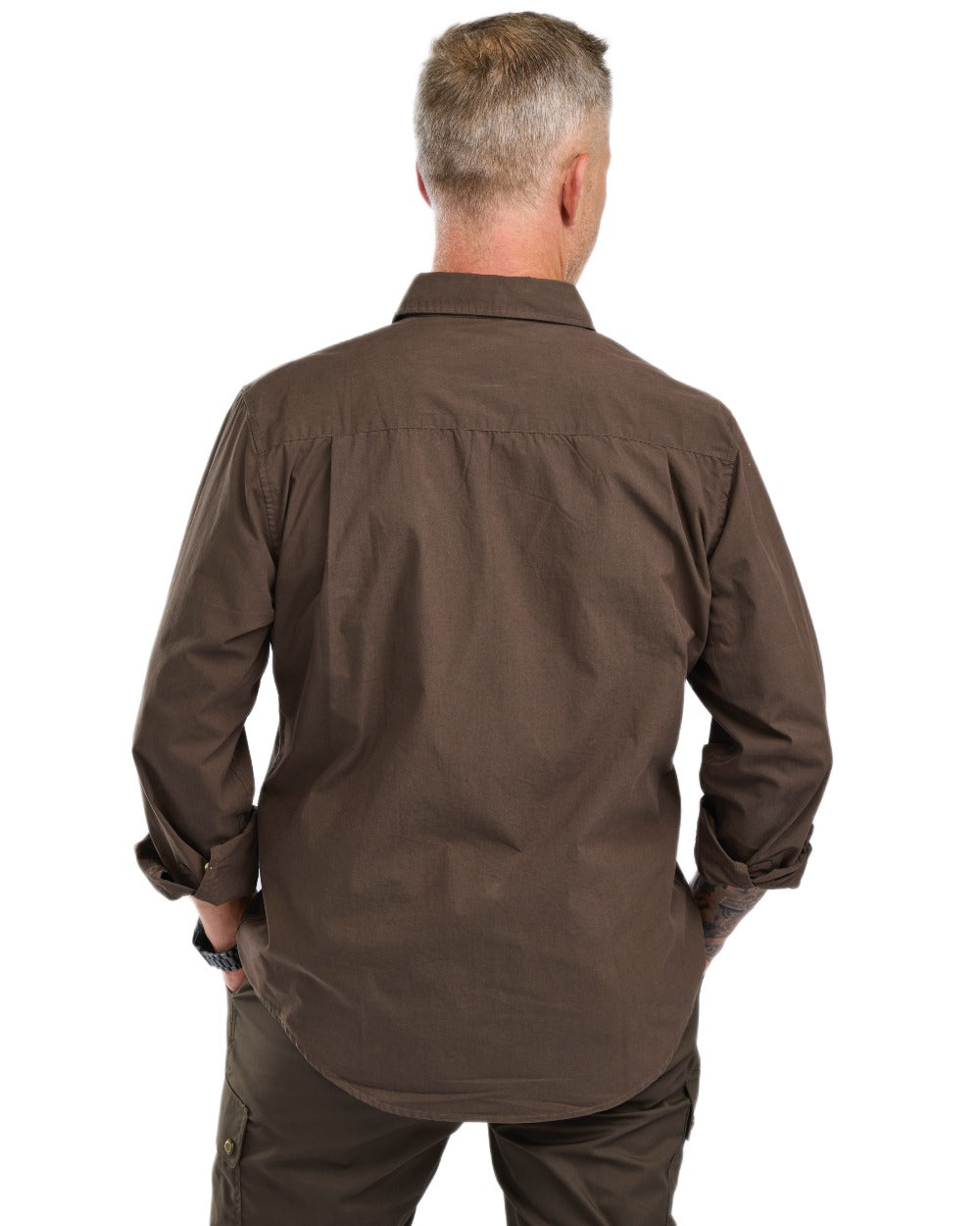 Dark Olive coloured Pinewood Mens InsectSafe Poplin Long Sleeve Shirt on white background