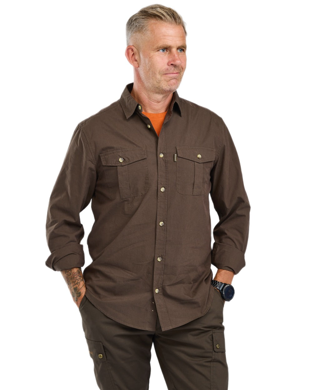 Dark Olive coloured Pinewood Mens InsectSafe Poplin Long Sleeve Shirt on white background
