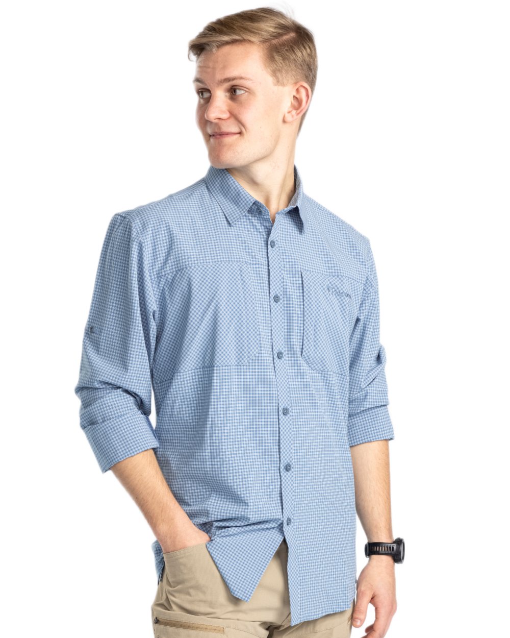 Fog Blue Off White coloured Pinewood Mens Insectsafe Long Sleeve Shirt on white background