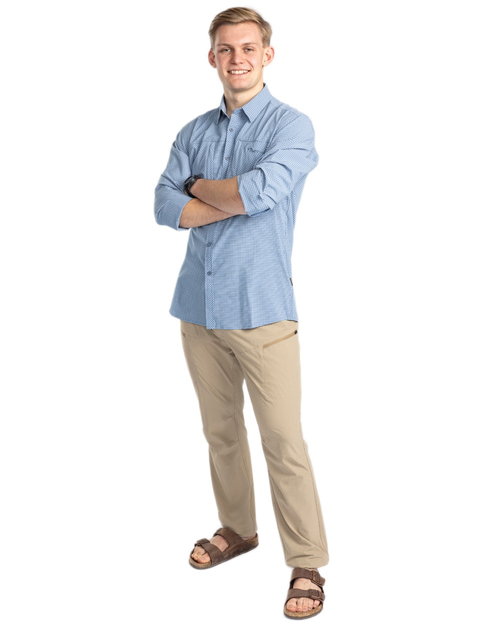 Fog Blue Off White coloured Pinewood Mens Insectsafe Long Sleeve Shirt on white background