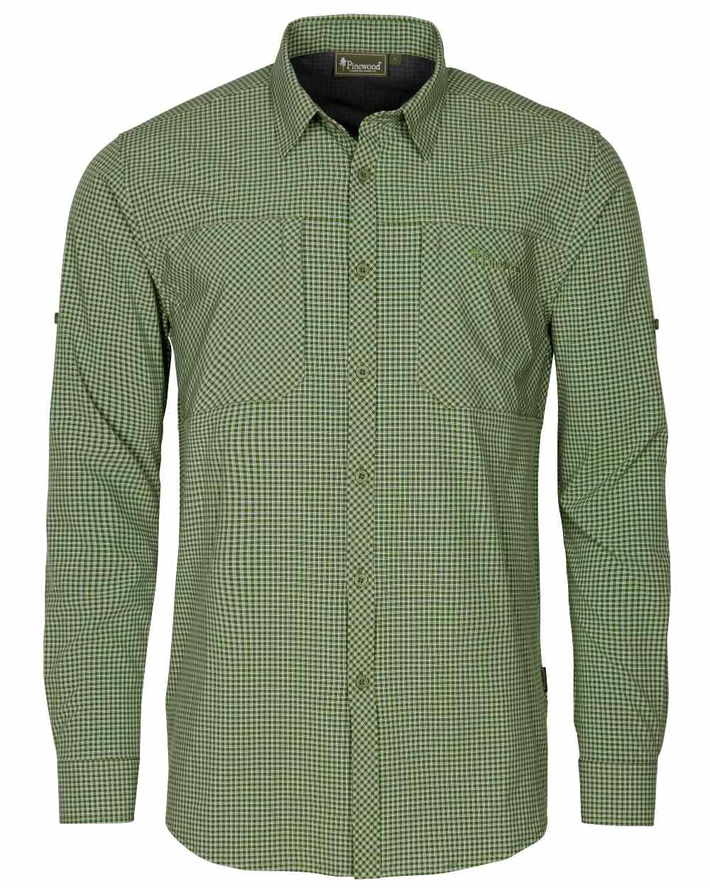 Pine Green Off White coloured Pinewood Mens Insectsafe Long Sleeve Shirt on white background