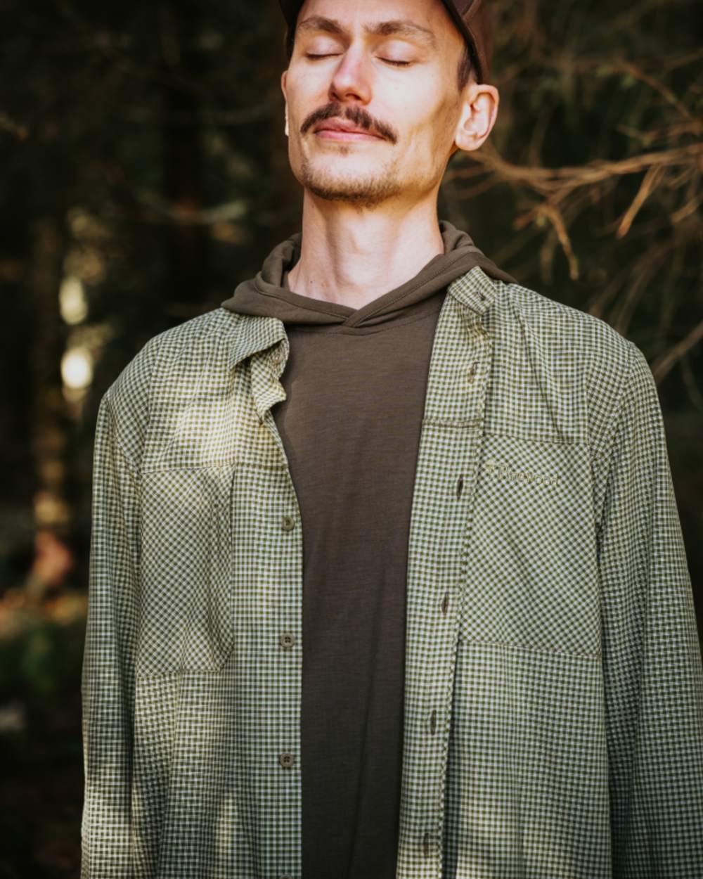 Pine Green Off White coloured Pinewood Mens Insectsafe Long Sleeve Shirt on forest background