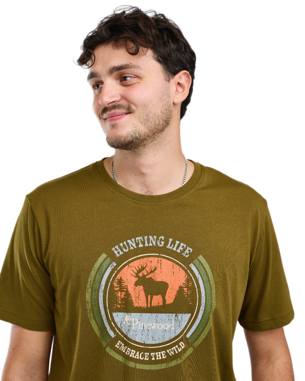 Hunter Olive coloured Pinewood Mens Moose T-Shirt on white background