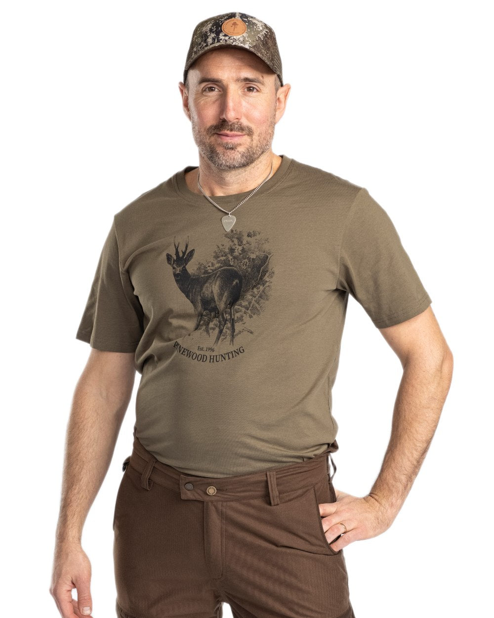 Olive coloured Pinewood Mens Roe Deer T-Shirt on white background