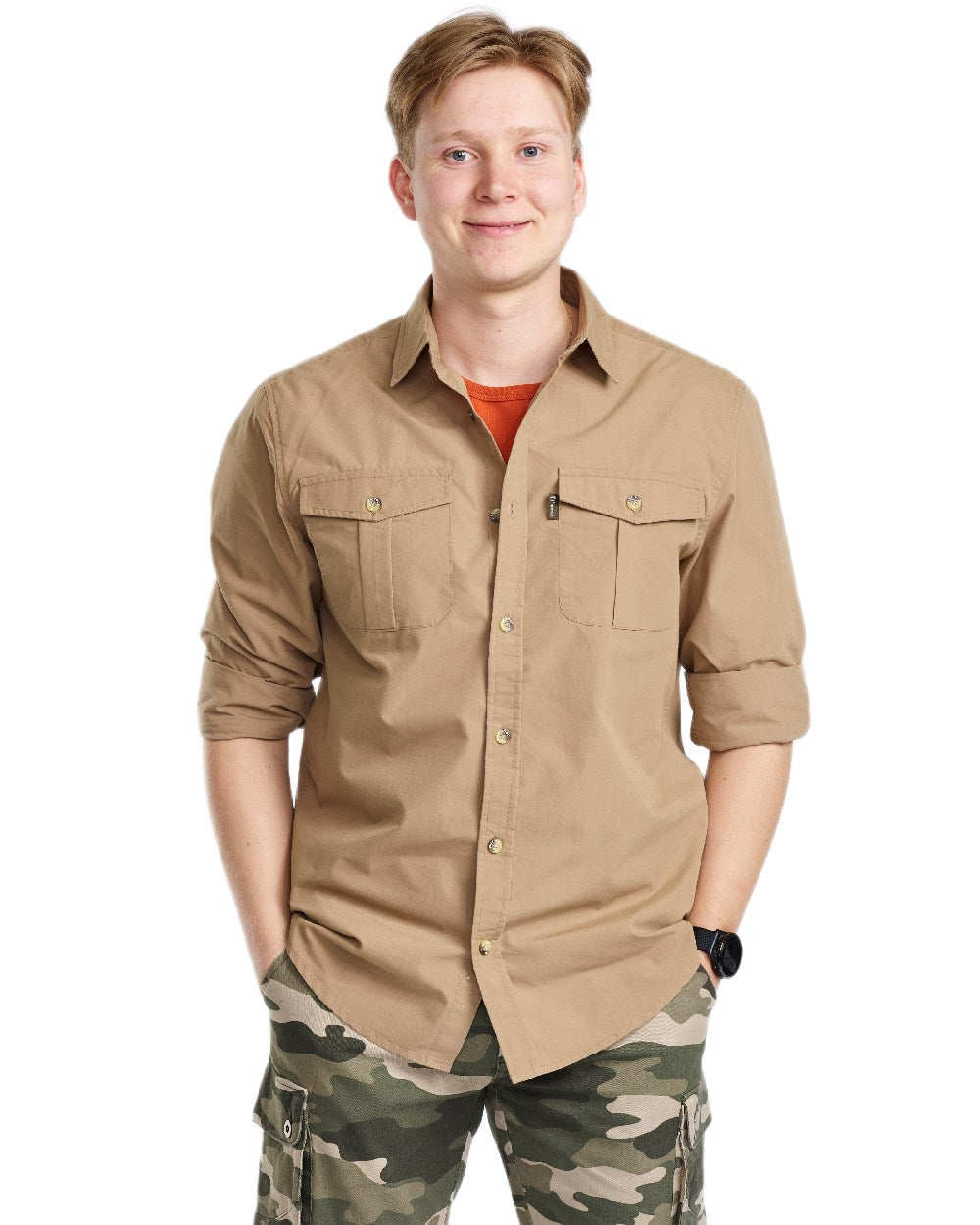 Sandstone Coloured Pinewood Mens Safari Long Sleeve Shirt on white background