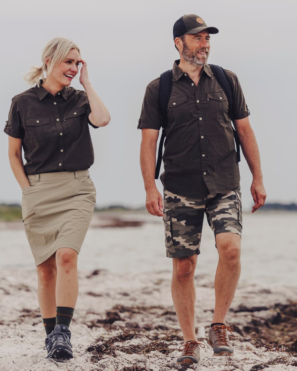 Dark Olive Coloured Pinewood Mens Safari Short Sleeve Shirt on outdoor background