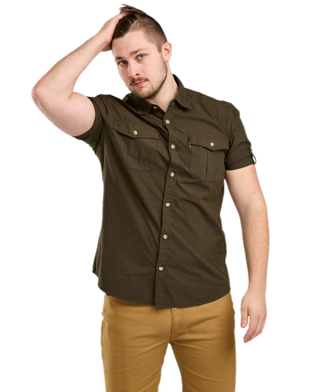 Moss Green Coloured Pinewood Mens Safari Short Sleeve Shirt on white background