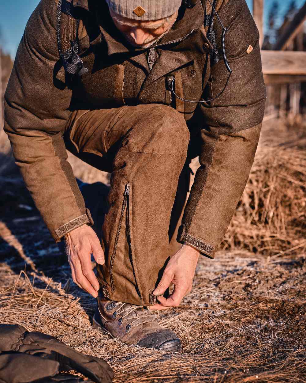 Suede Brown Coloured Pinewood Mens Smaland Abisko 2.0 Hunting Trousers on outdoor background