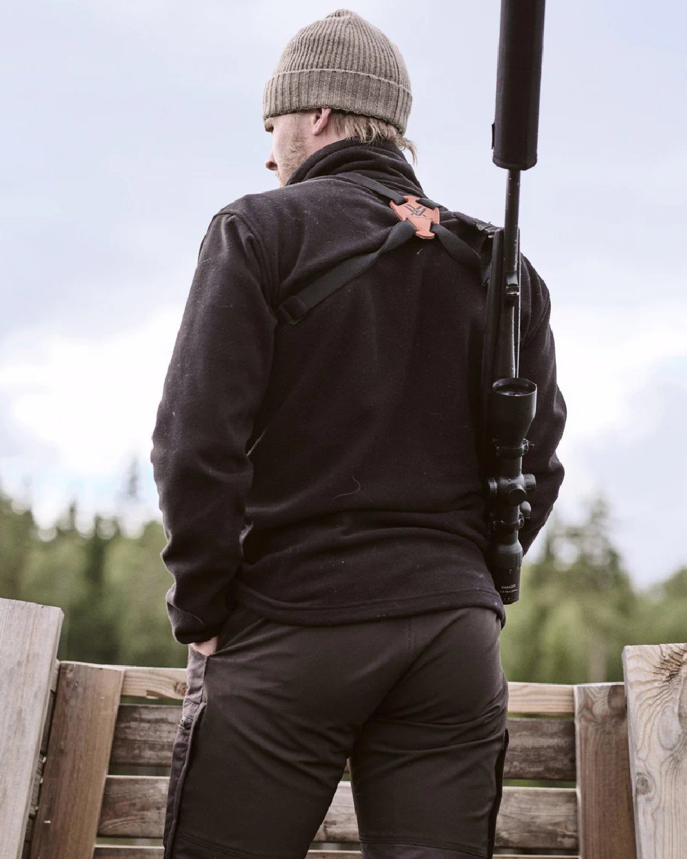 Black coloured Pinewood Mens Tiveden Fleece Sweater on sky background