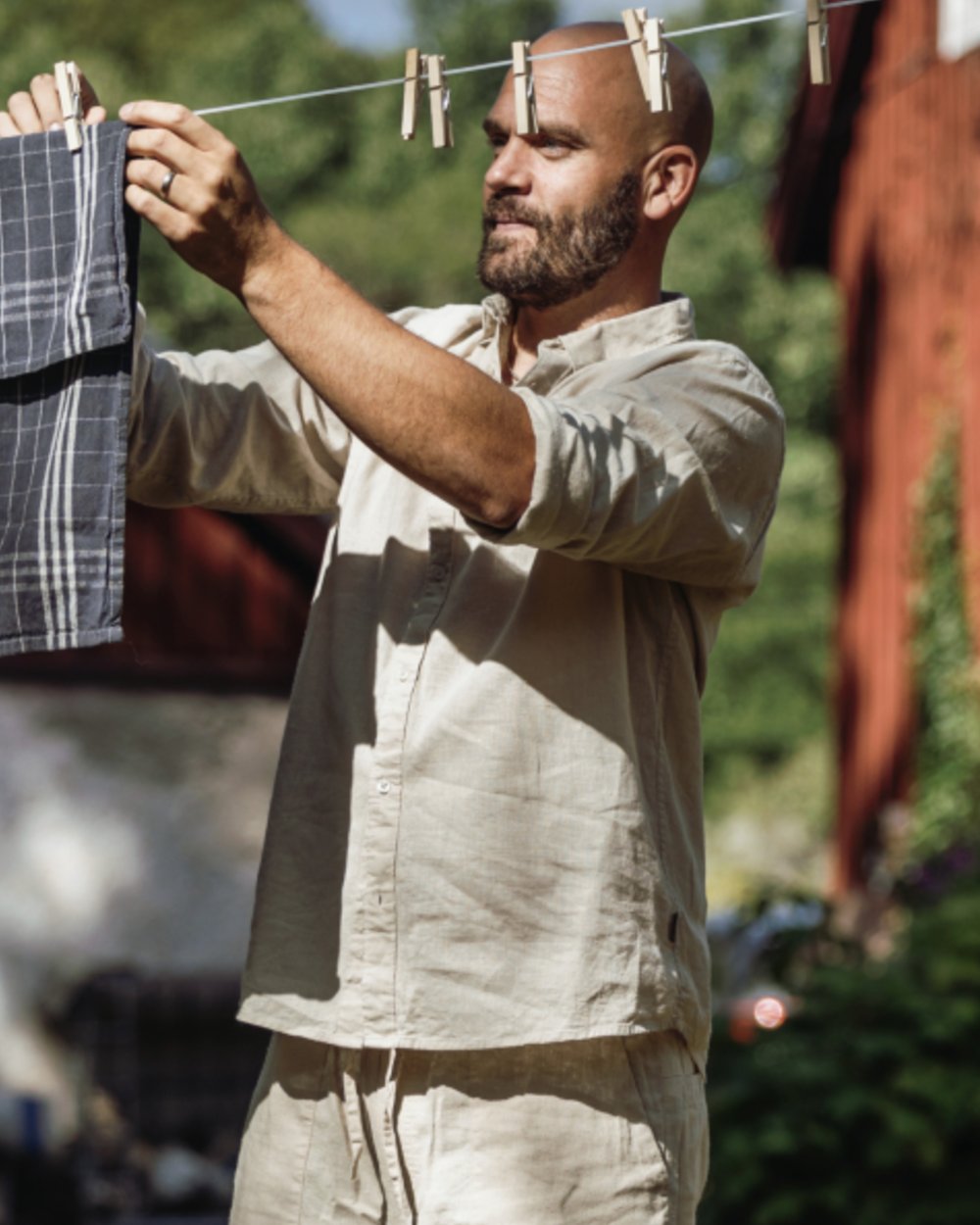 Linen Beige coloured Pinewood Mens Varnamo InsectSafe Hemp Mix Long Sleeve Shirt on outdoor background
