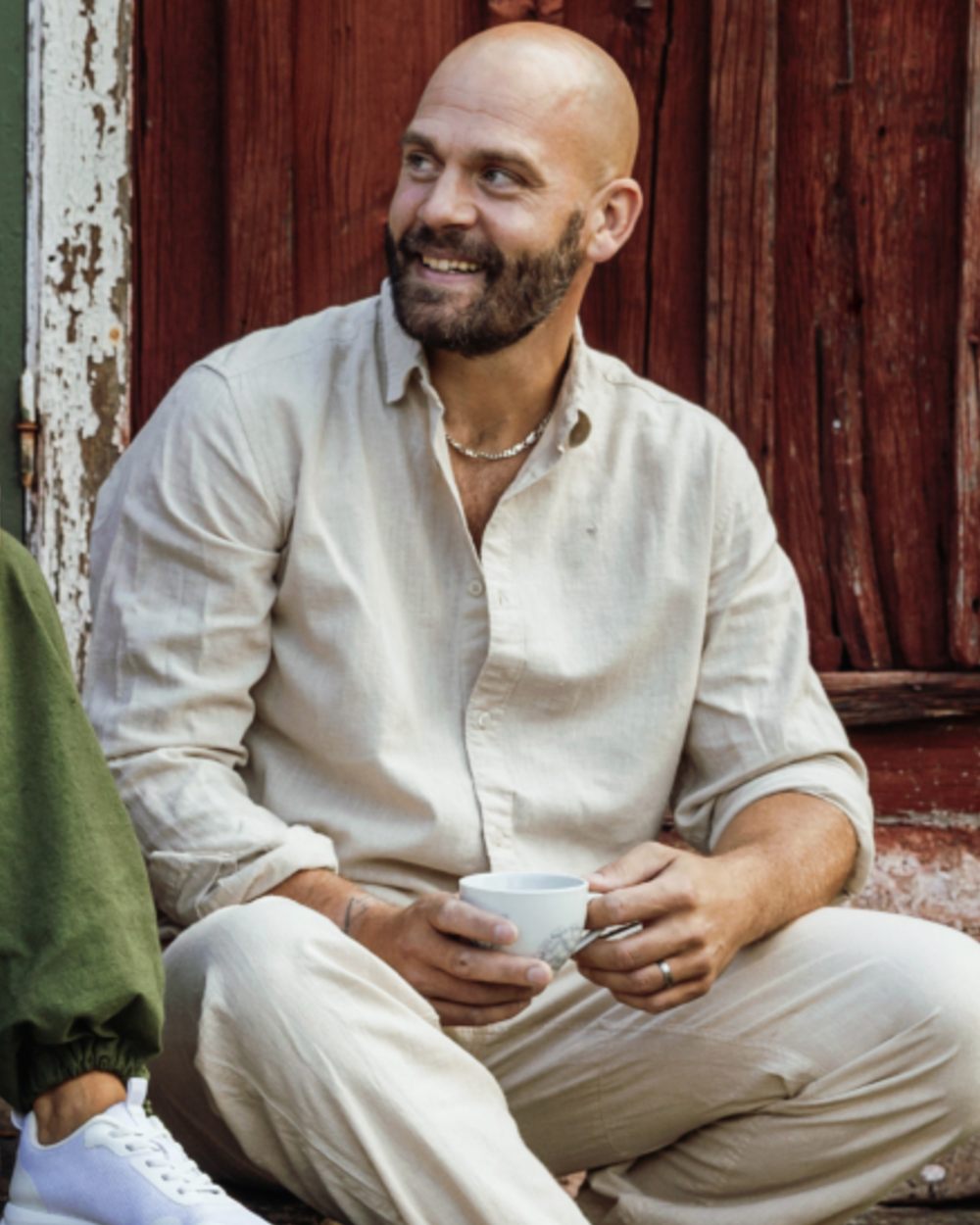 Linen Beige coloured Pinewood Mens Varnamo InsectSafe Hemp Mix Long Sleeve Shirt on outdoor background