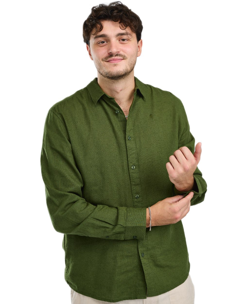 Pine Green coloured Pinewood Mens Varnamo InsectSafe Hemp Mix Long Sleeve Shirt on white background