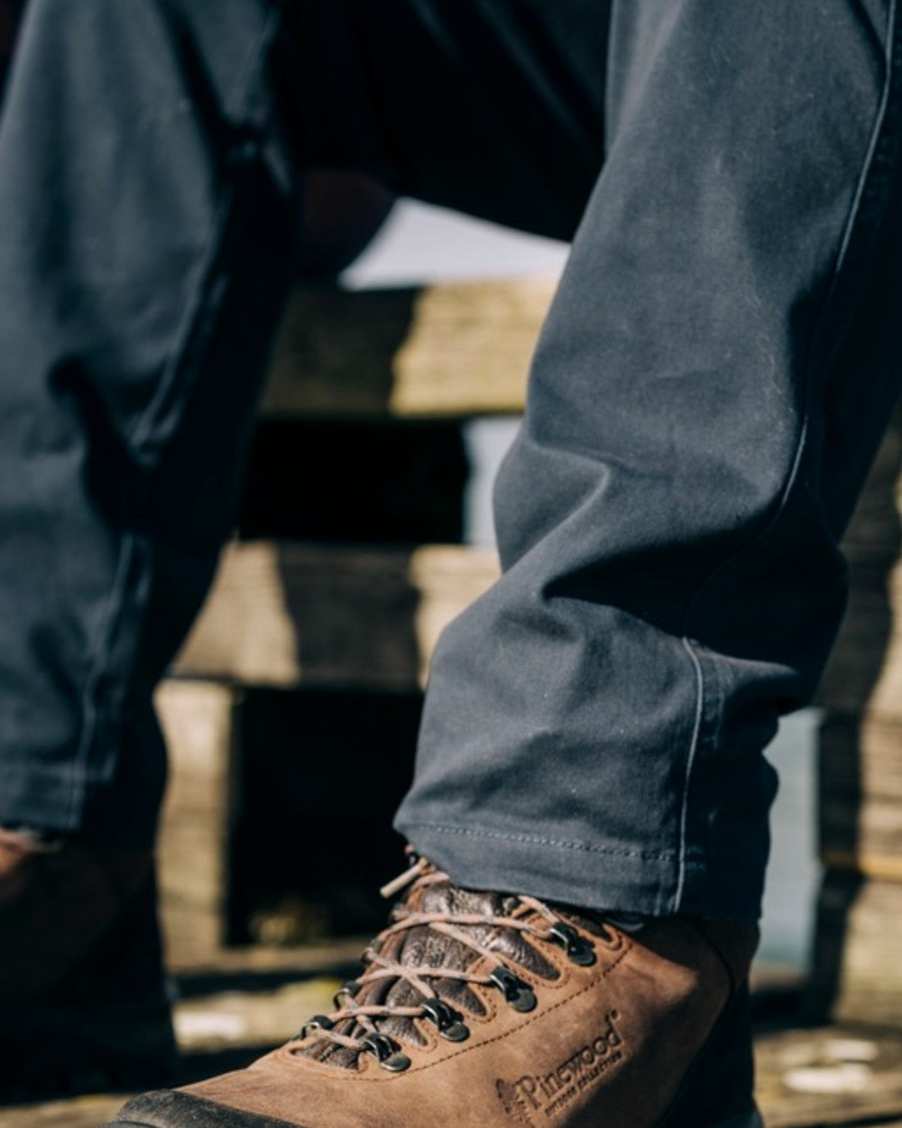 Dark Anthracite Coloured Pinewood Mens Värnamo Serengeti Trousers on outdoor background
