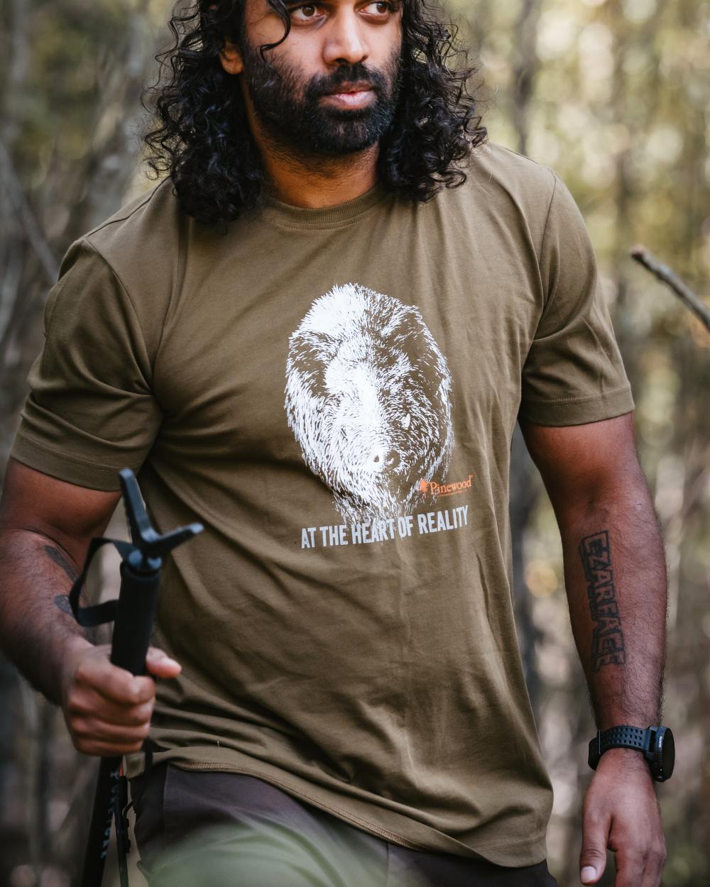 Hunter Olive coloured Pinewood Mens Wild Boar T-Shirt on outdoor background