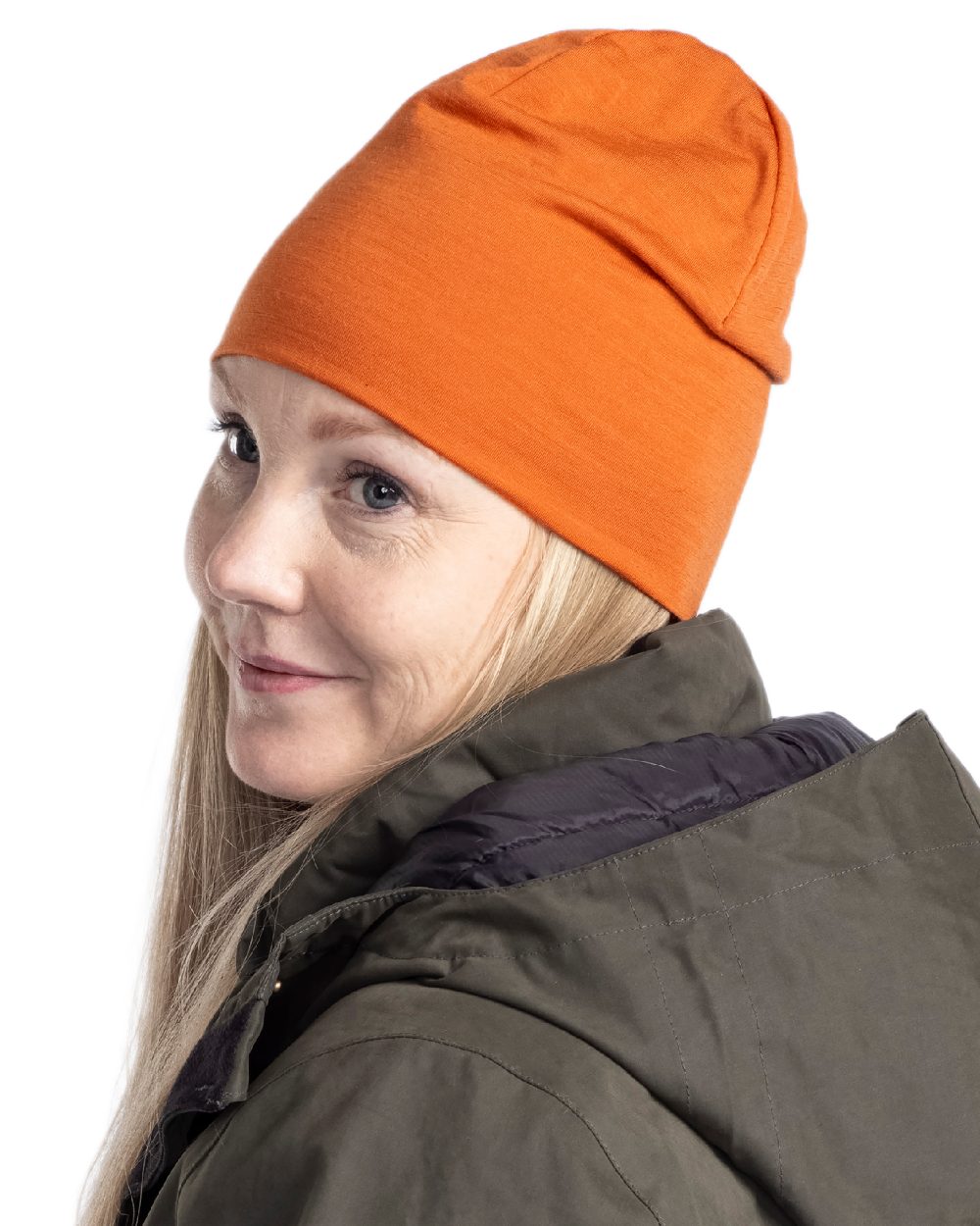 Burned Orange Coloured Pinewood Merino Wool Beanie on white background