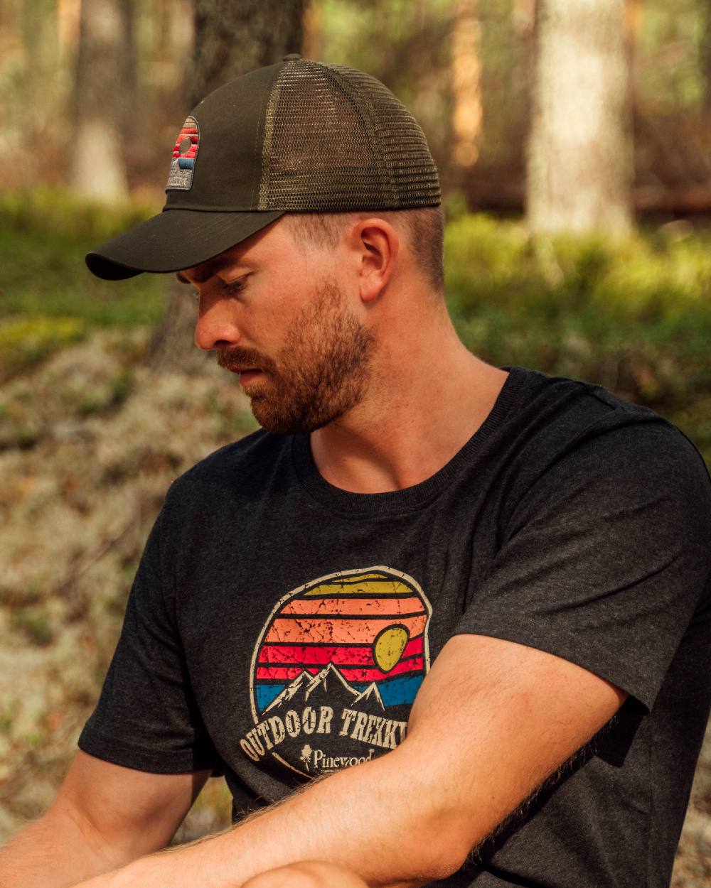 Moss Green Coloured Pinewood Mesh Cap on outdoor background