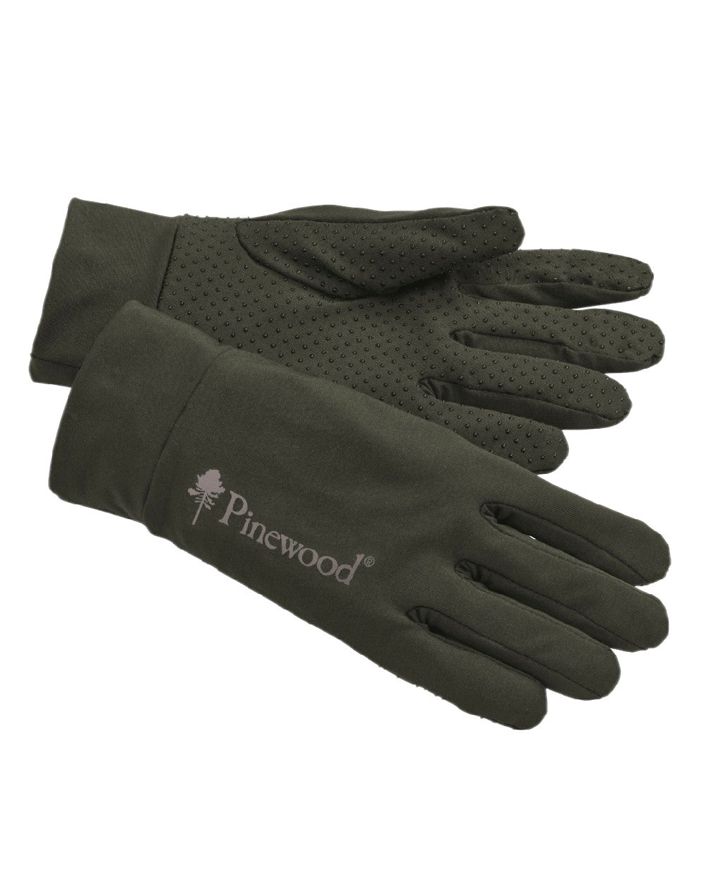 Moss Green Coloured Pinewood Thin Liner Gloves on white background