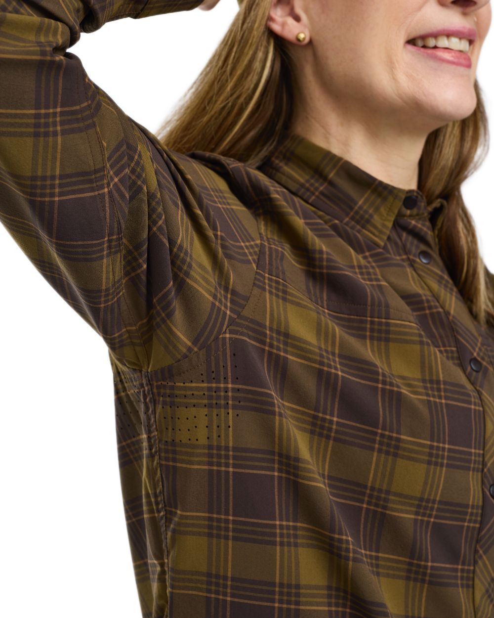 Dark Olive Dark Sandstone coloured Pinewood Womens Abisko Trekking InsectSafe Long Sleeve Shirt on white background