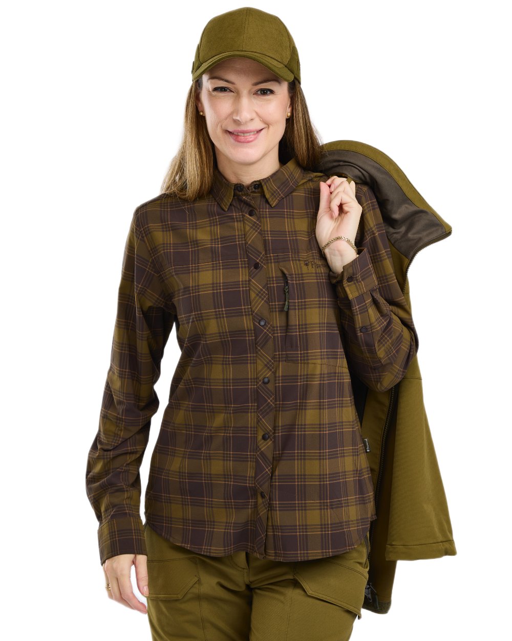 Dark Olive Dark Sandstone coloured Pinewood Womens Abisko Trekking InsectSafe Long Sleeve Shirt on white background