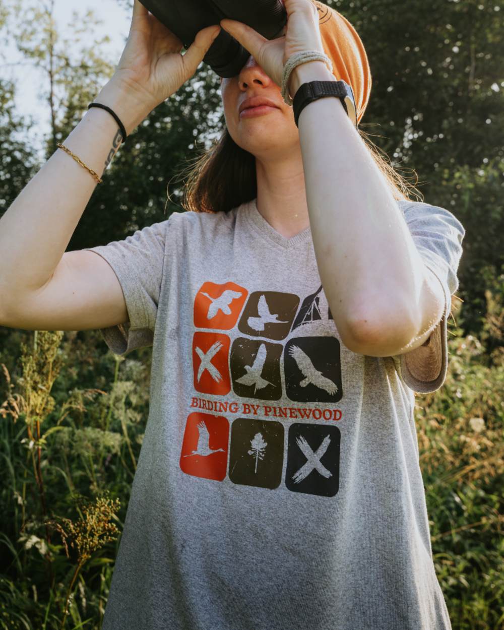 Light Grey Melange Combo coloured Pinewood Womens Birding T-Shirt on forest background
