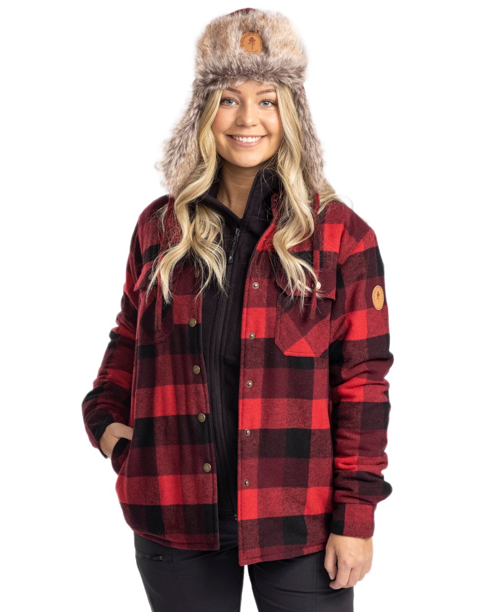 Red Black Coloured Pinewood Womens Canada Classic 2.0 Shirt on outdoor background