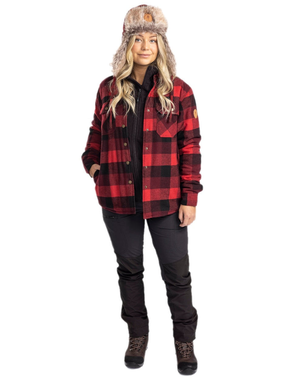 Red Black Coloured Pinewood Womens Canada Classic 2.0 Shirt on outdoor background