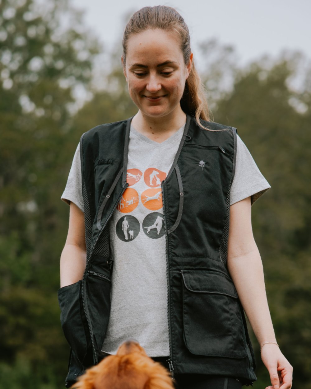 Light Grey Melange Activity coloured Pinewood Womens Dog Sports T-Shirt on forest background