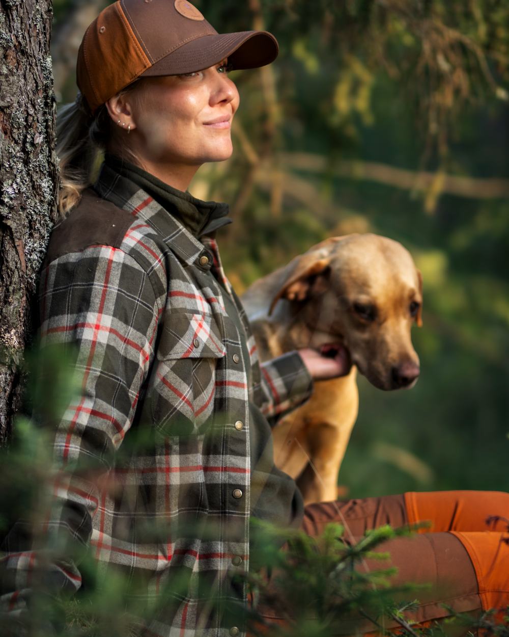Dark Green Red coloured Pinewood Womens Douglas Shirt on forest background