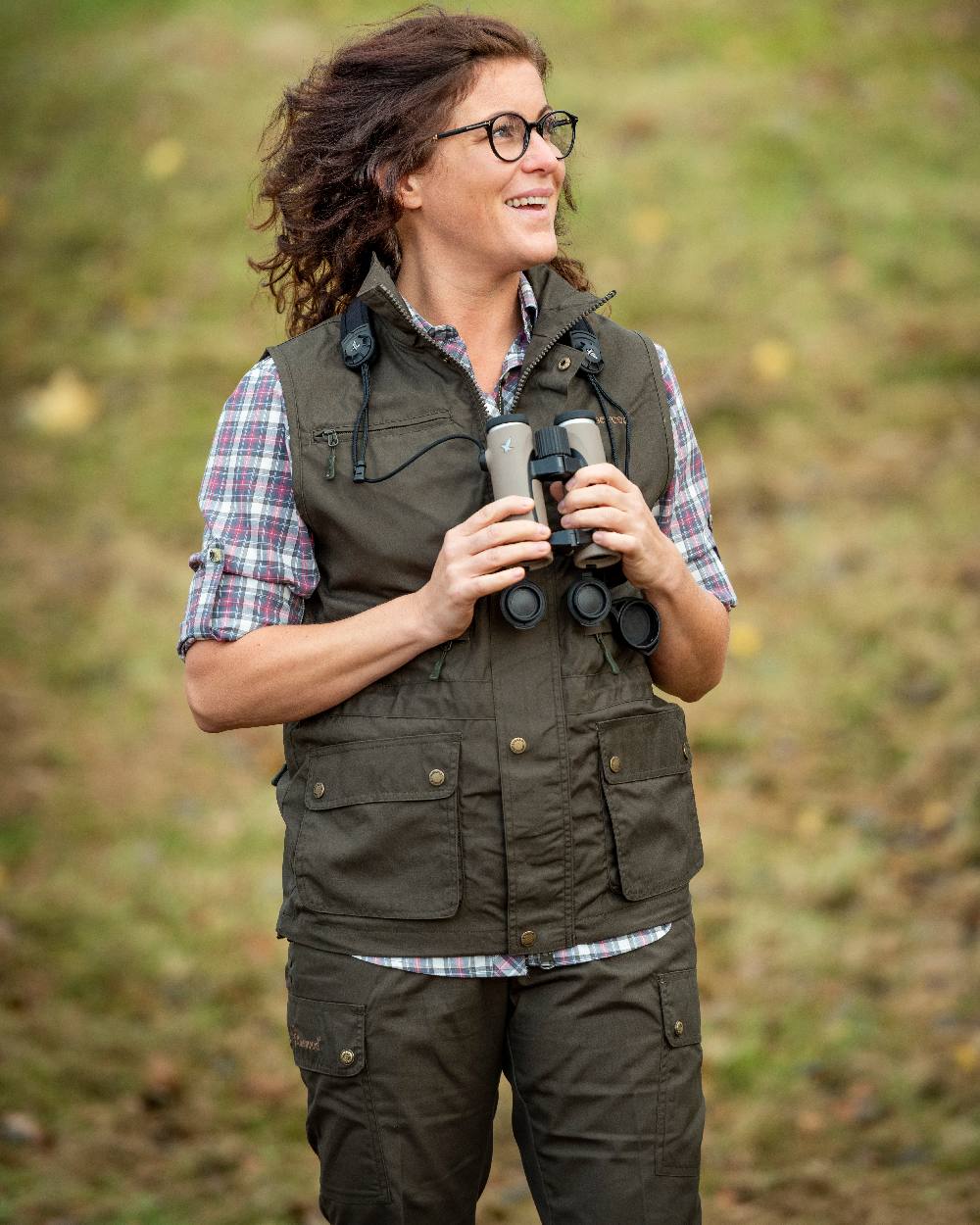 Dark Olive Coloured Pinewood Womens Finnveden Classic Trousers on outdoor background