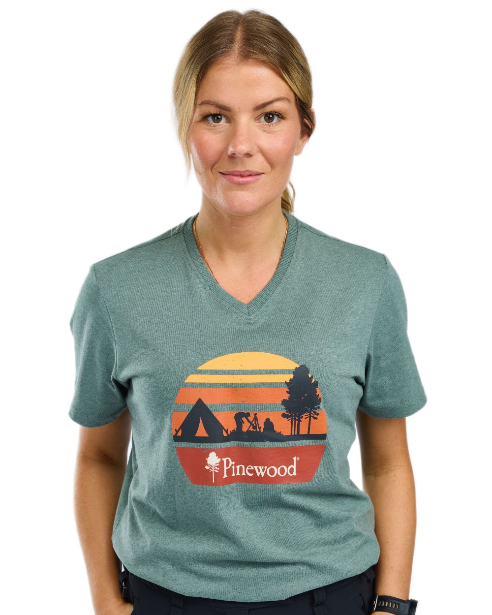 Aqua Grey Melange Campsite coloured Pinewood Womens Finnveden Recycled Outdoor T-Shirt on white background