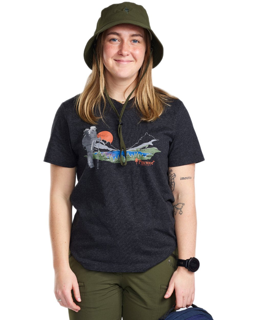 Dark Anthracite Melange Sunset coloured Pinewood Womens Finnveden Recycled Outdoor T-Shirt on white background
